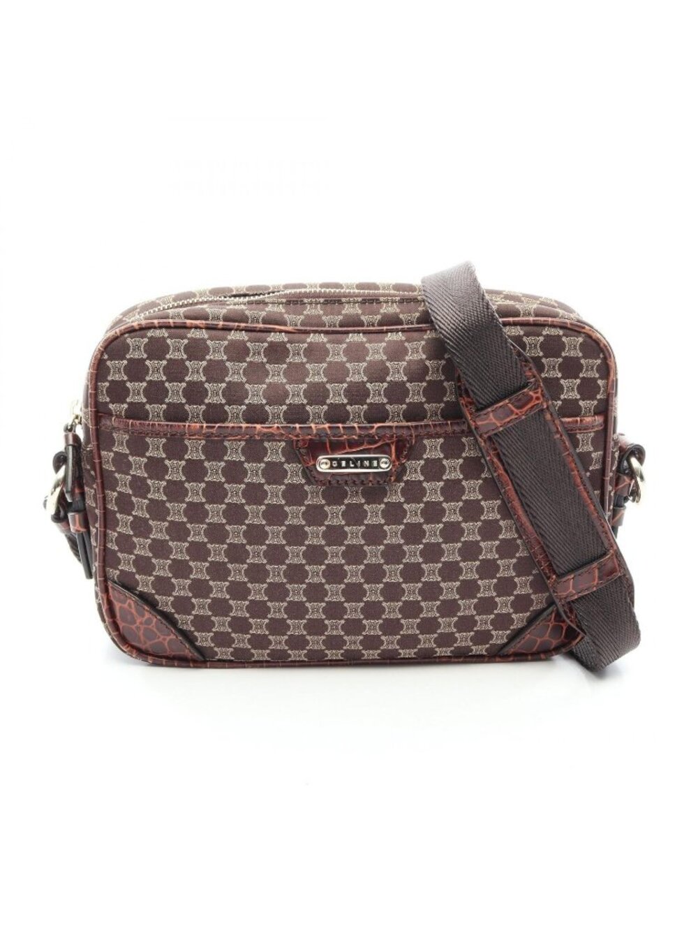 Celine Shoulder Bag Macadam Beige Dark Brown Canvas Leather
